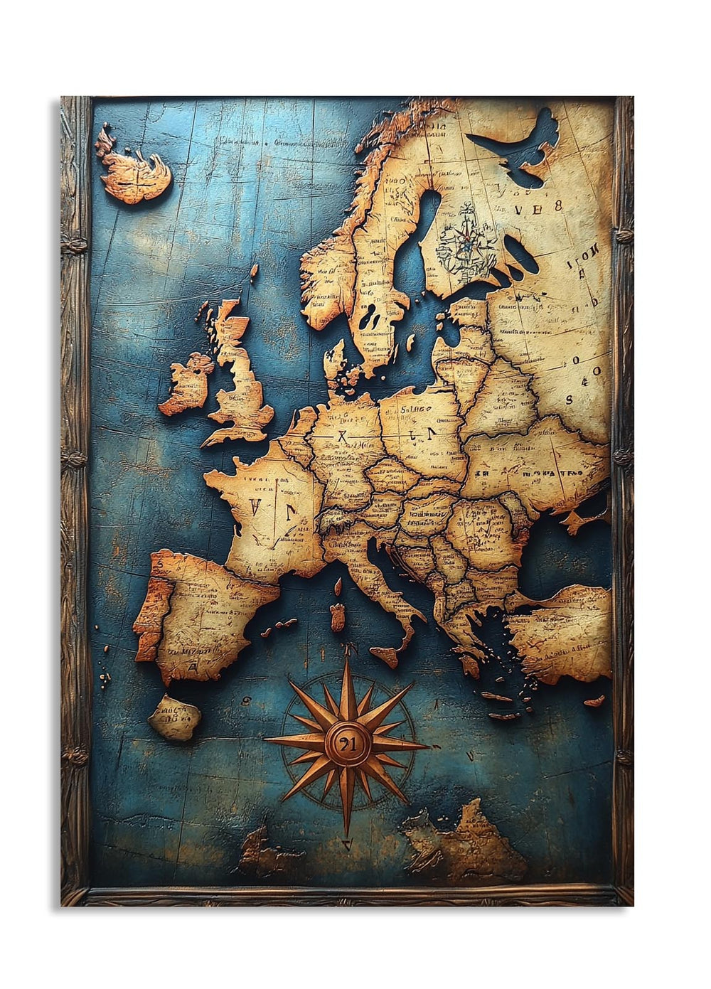 Vintage-style map of Europe with a compass rose on a wooden frame, as a premium aluminum metal print from GoMetalPrint.

