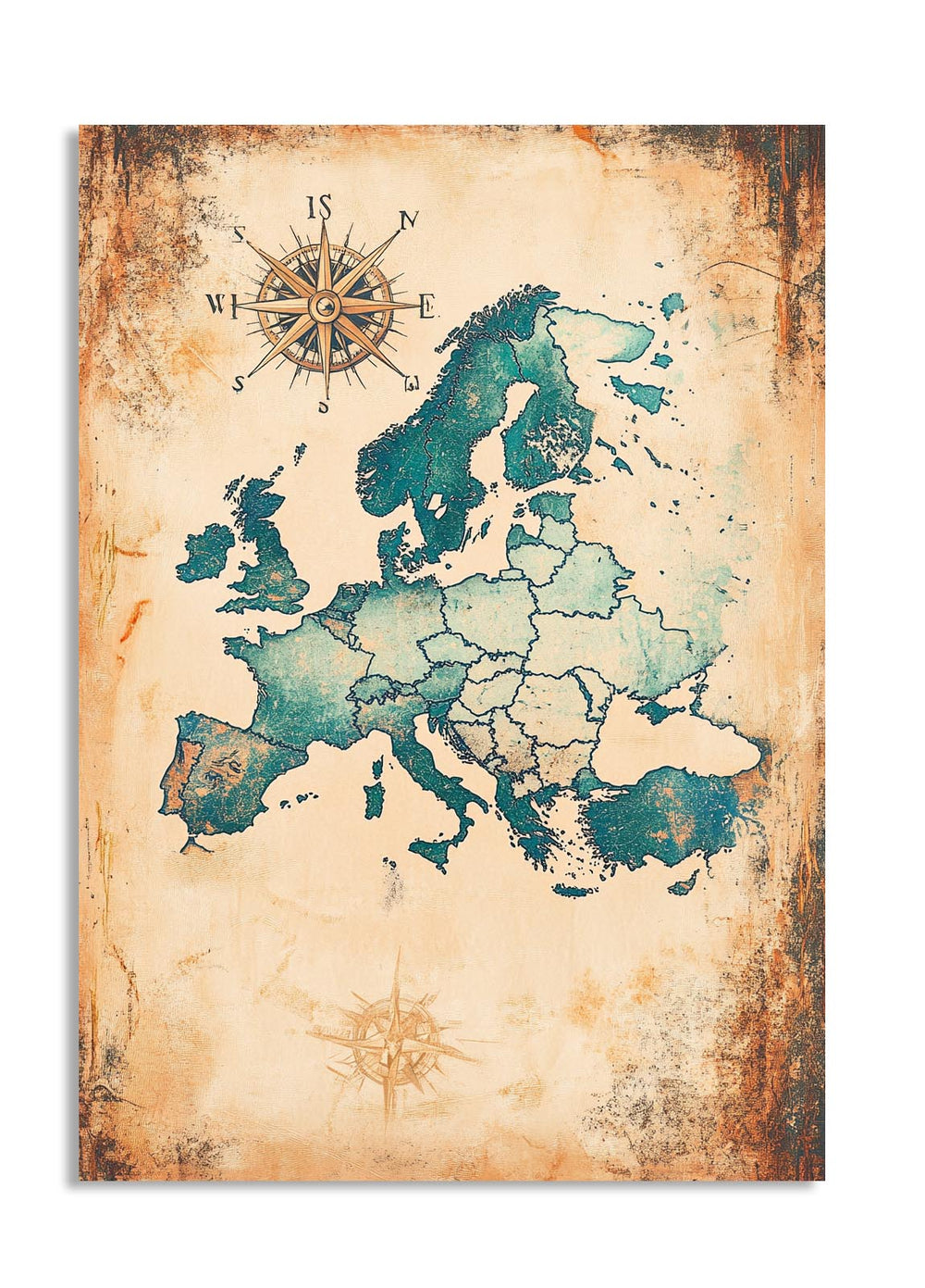Vintage-style map of Europe with a compass rose on an aged paper background, as a premium aluminum metal print from GoMetalPrint.
