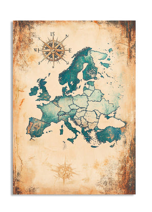 Vintage-style map of Europe with a compass rose on an aged paper background, as a premium aluminum metal print from GoMetalPrint.
