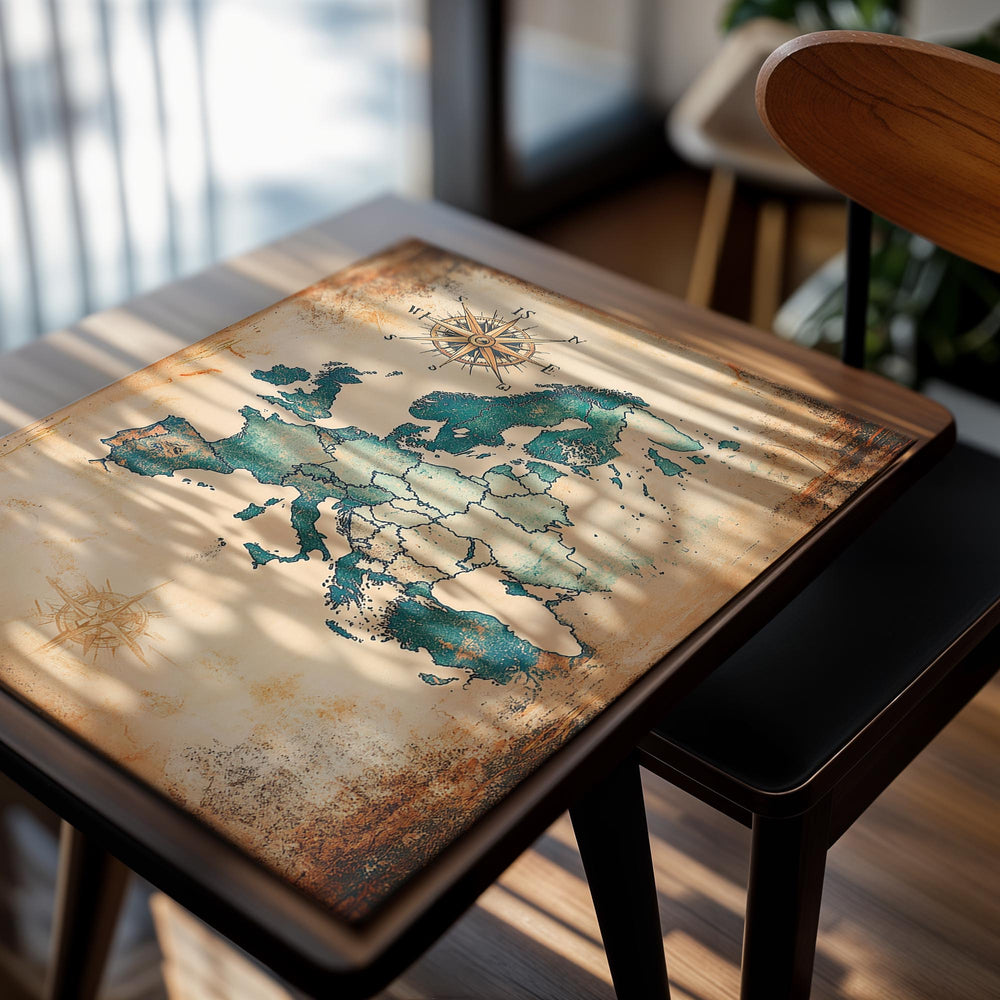 Vintage-style map of Europe with a compass rose on an aged paper background, as a premium aluminum metal print from GoMetalPrint.

