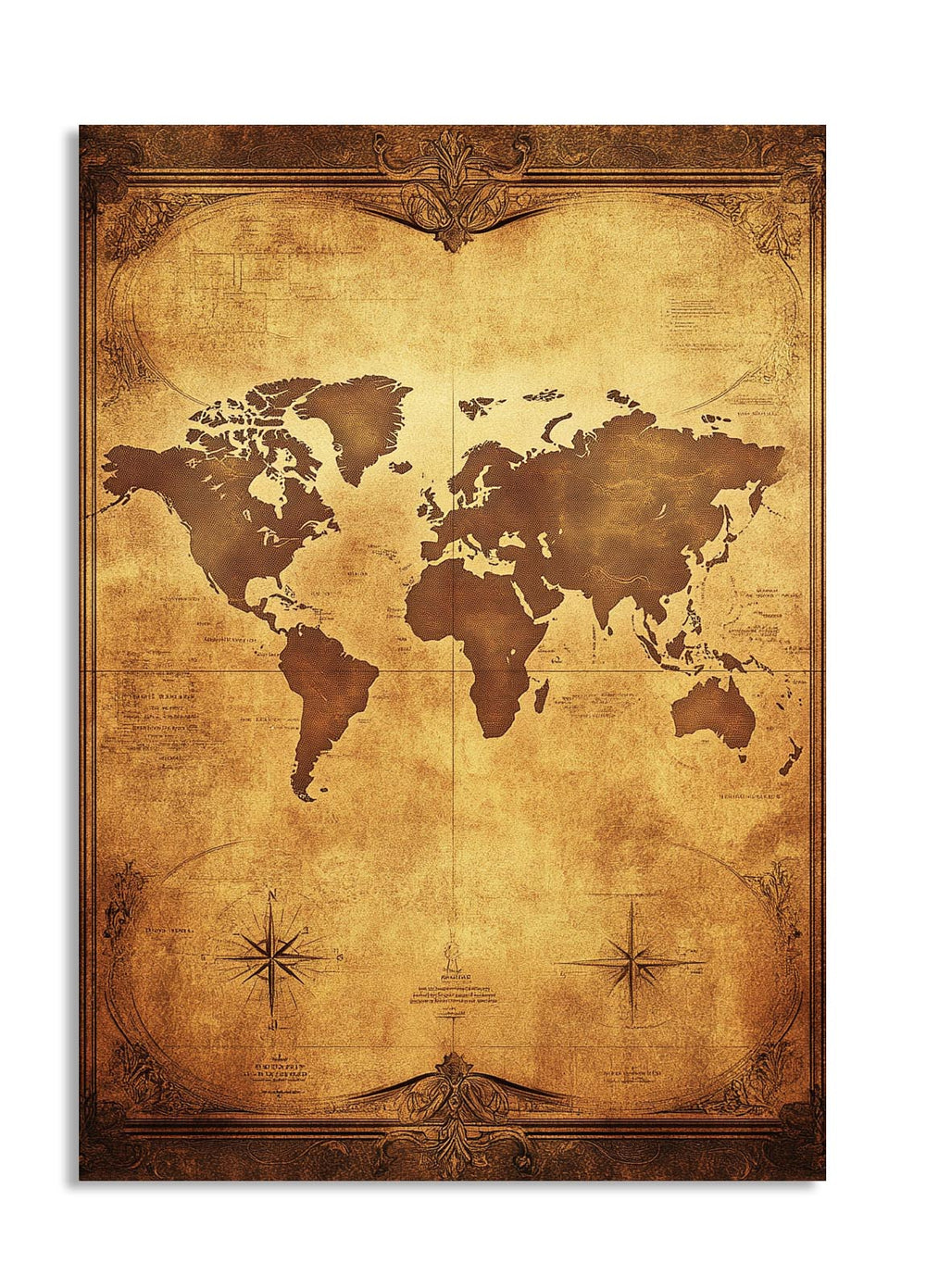 Vintage-style world map on a white background, as a premium aluminum metal print from GoMetalPrint.
