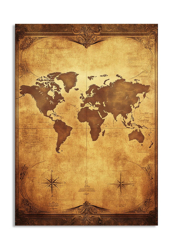 Vintage-style world map on a white background, as a premium aluminum metal print from GoMetalPrint.
