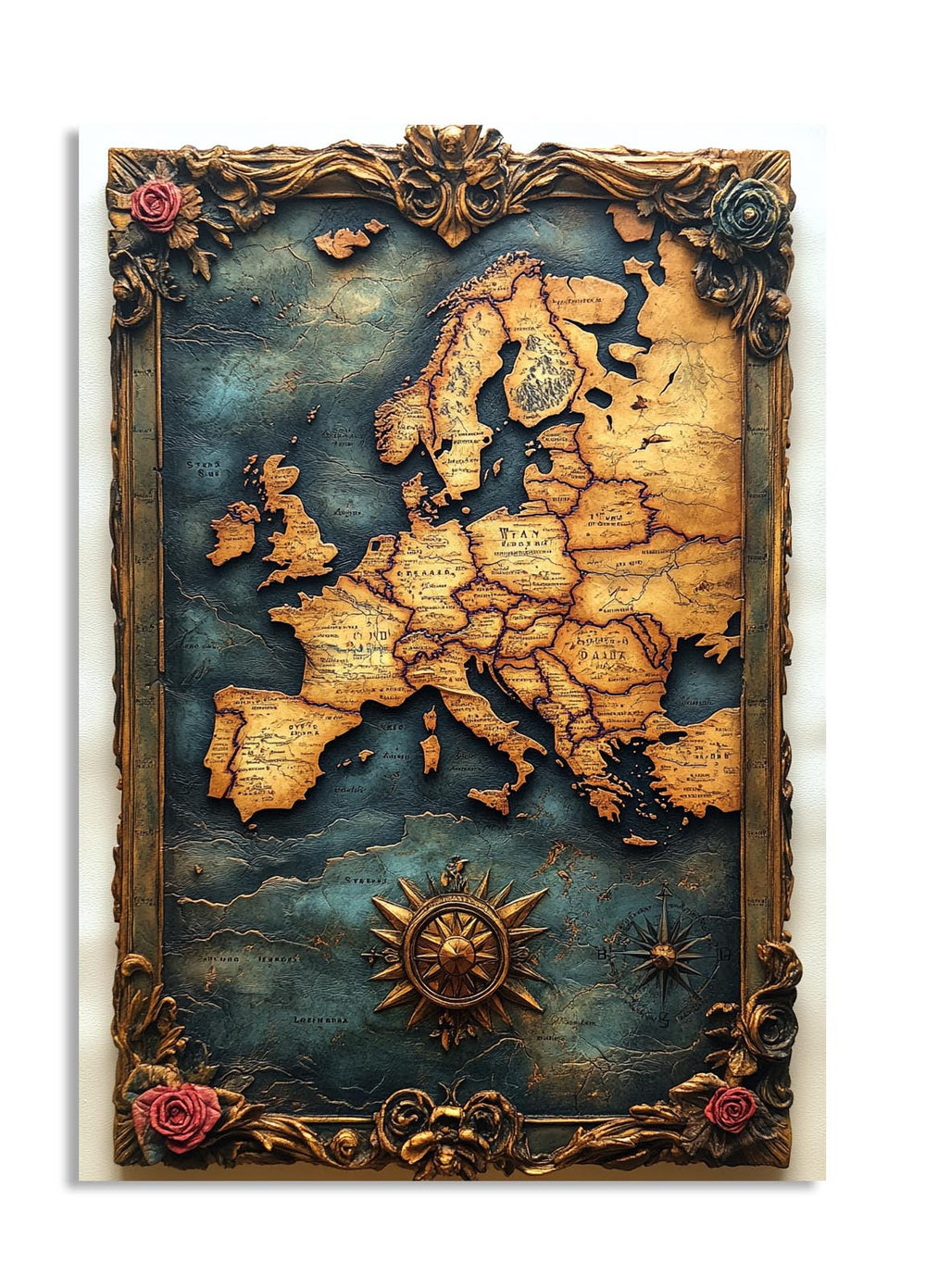 Decorative wall art with a map of Europe and decorative elements on a white background, as a premium aluminum metal print from GoMetalPrint.
