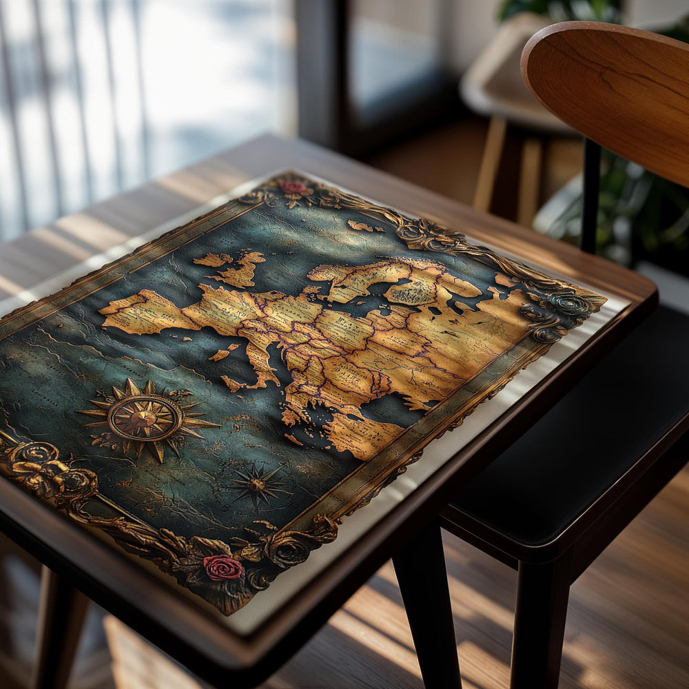 Decorative wall art with a map of Europe and decorative elements on a white background, as a premium aluminum metal print from GoMetalPrint.
