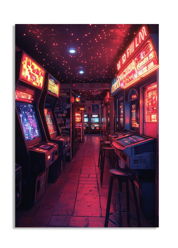 Neon-lit arcade room with vintage arcade machines and stools, as a premium aluminum metal print from GoMetalPrint.
