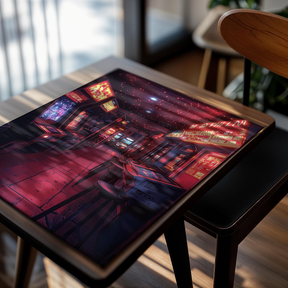 Neon-lit arcade room with vintage arcade machines and stools, as a premium aluminum metal print from GoMetalPrint.
