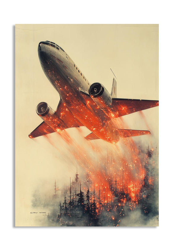 Artistic depiction of an airplane releasing flames over a cityscape, as a premium aluminum metal print from GoMetalPrint.
