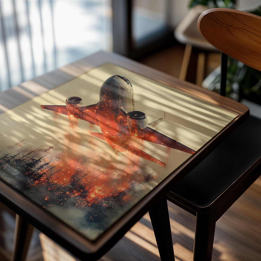 Artistic depiction of an airplane releasing flames over a cityscape, as a premium aluminum metal print from GoMetalPrint.
