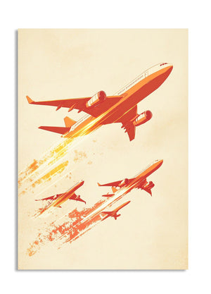 Illustration of airplanes in flight on a beige background, as a premium aluminum metal print from GoMetalPrint.
