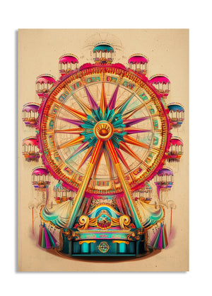 Colorful Ferris wheel illustration on a beige background, as a premium aluminum metal print from GoMetalPrint.
