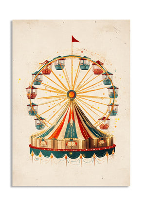 Colorful Ferris wheel illustration on a beige background, as a premium aluminum metal print from GoMetalPrint.
