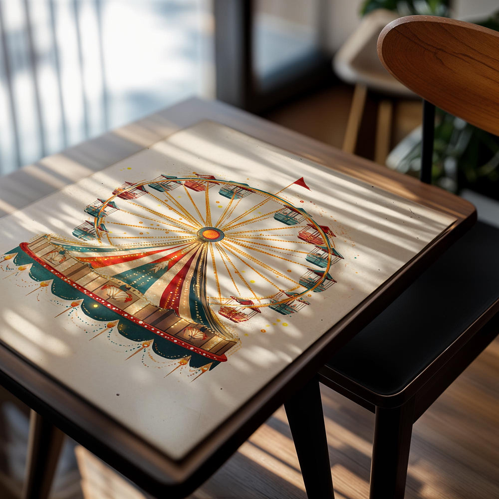 Colorful Ferris wheel illustration on a beige background, as a premium aluminum metal print from GoMetalPrint.
