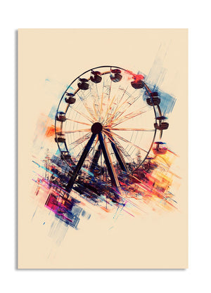Colorful abstract Ferris wheel painting on a beige background, as a premium aluminum metal print from GoMetalPrint.
