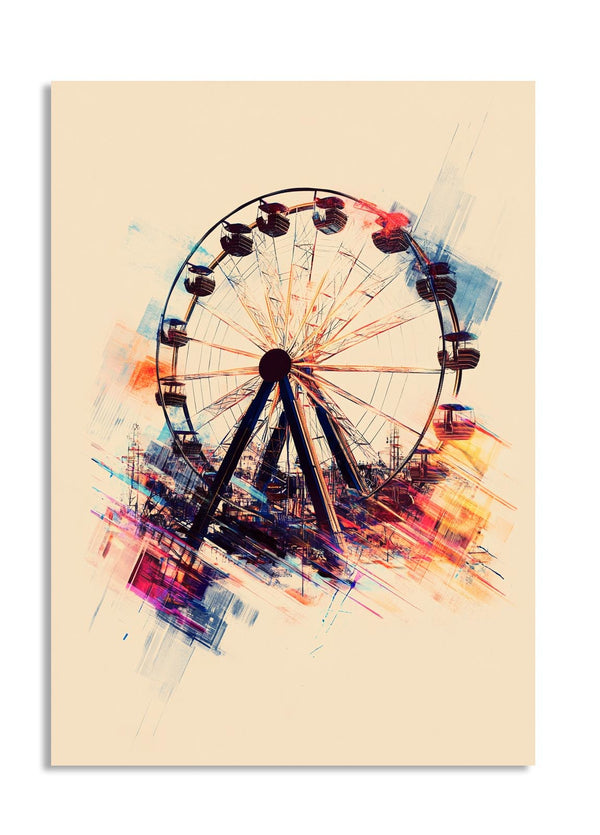 Colorful abstract Ferris wheel painting on a beige background, as a premium aluminum metal print from GoMetalPrint.
