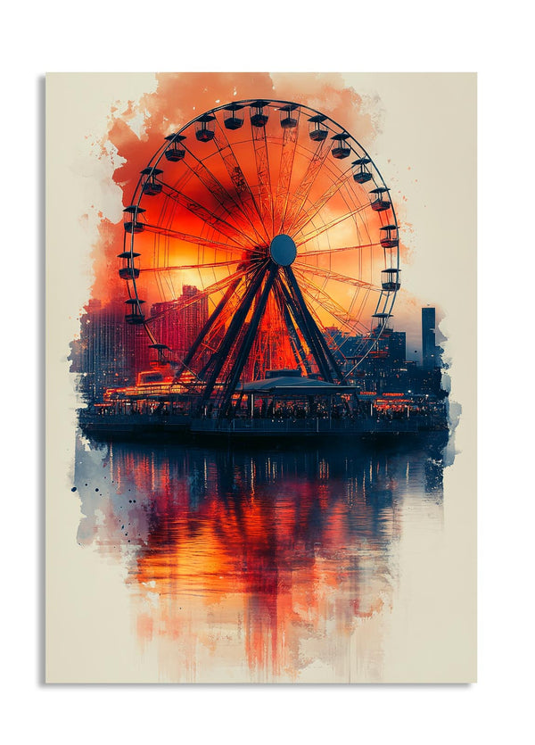 Ferris wheel at sunset with water reflection on a beige background, as a premium aluminum metal print from GoMetalPrint.
