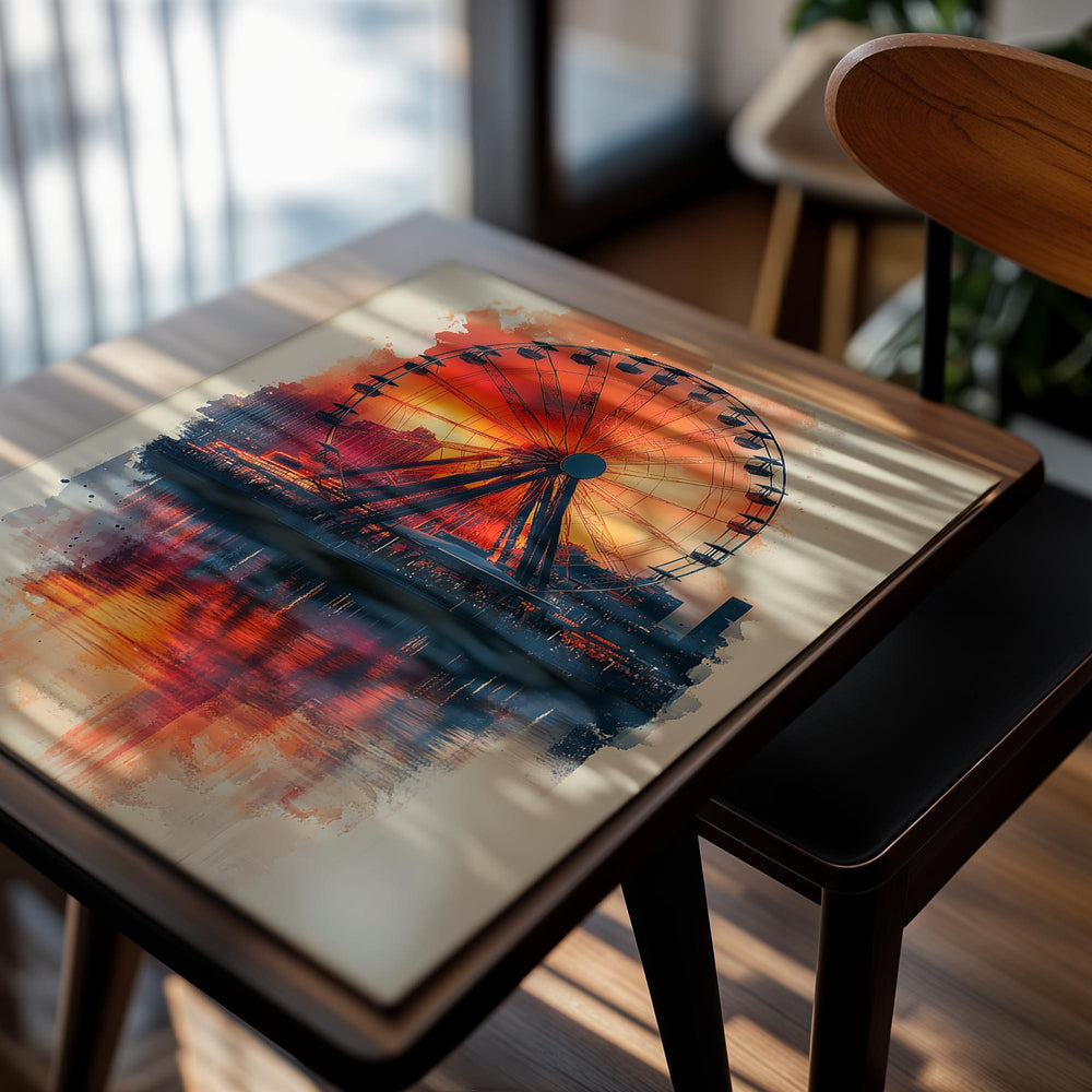 Ferris wheel at sunset with water reflection on a beige background, as a premium aluminum metal print from GoMetalPrint.
