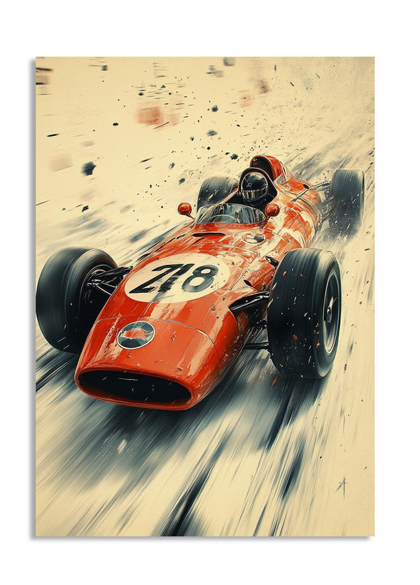 Vintage-style illustration of a red racing car with the number 78 on a beige background, as a premium aluminum metal print from GoMetalPrint.
