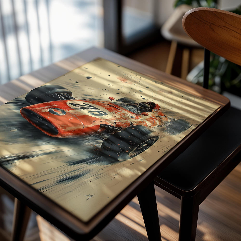 Vintage-style illustration of a red racing car with the number 78 on a beige background, as a premium aluminum metal print from GoMetalPrint.

