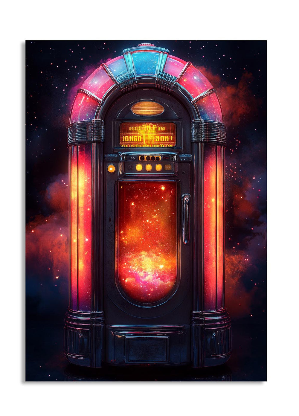 Futuristic jukebox with glowing red and blue lights against a space-themed background, as a premium aluminum metal print from GoMetalPrint.
