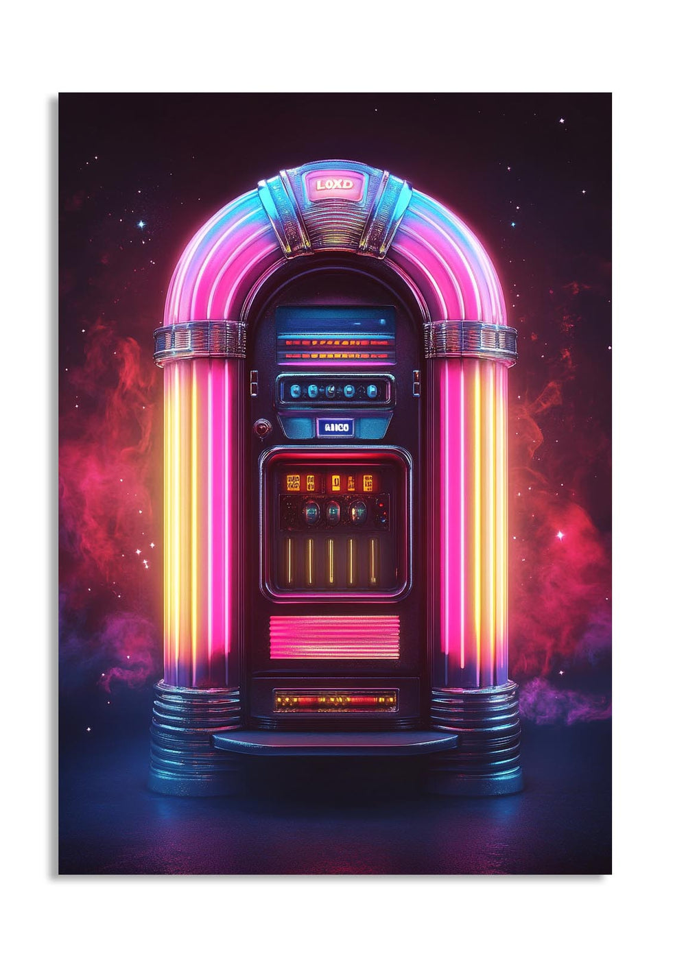 Neon-colored jukebox against a dark background with colorful lights, as a premium aluminum metal print from GoMetalPrint.
