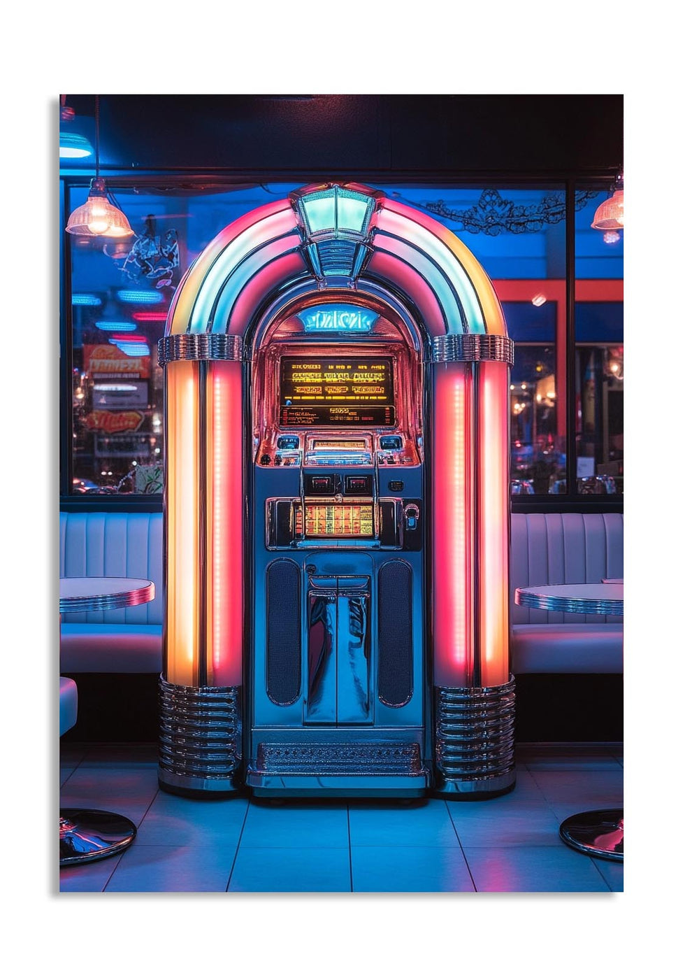 Neon-lit vintage jukebox in a retro setting, as a premium aluminum metal print from GoMetalPrint.
