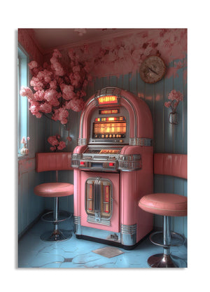 Pink vintage jukebox in a retro-style room with floral decorations, as a premium aluminum metal print from GoMetalPrint.
