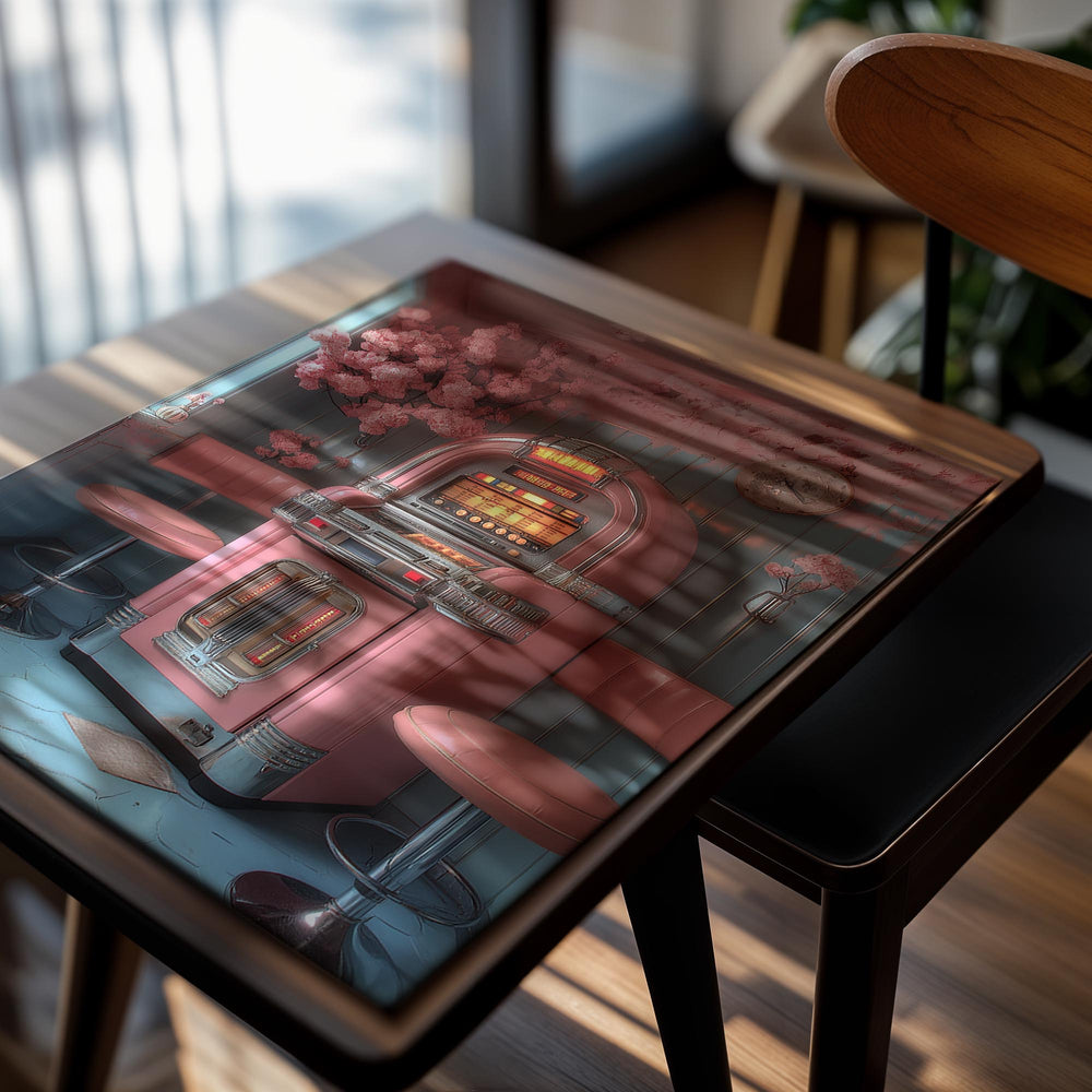 Pink vintage jukebox in a retro-style room with floral decorations, as a premium aluminum metal print from GoMetalPrint.
