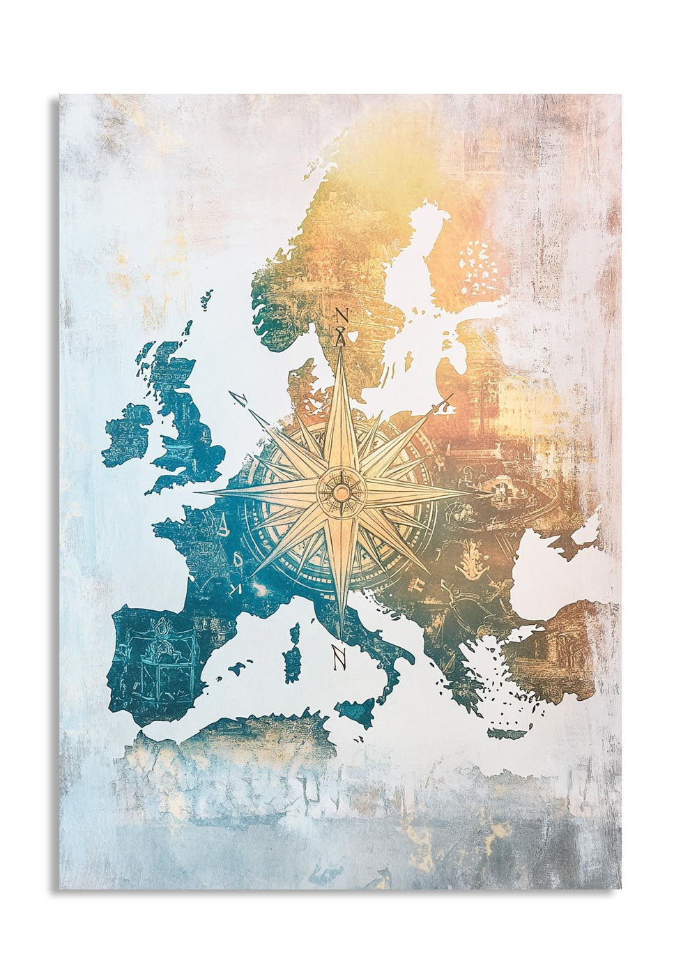 Map of Europe with a compass rose on a textured background, as a premium aluminum metal print from GoMetalPrint.
