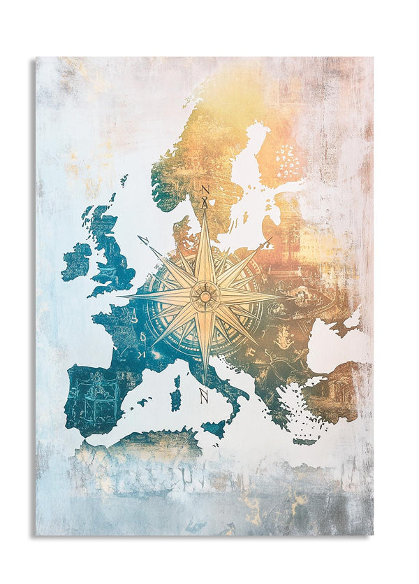 Map of Europe with a compass rose on a textured background, as a premium aluminum metal print from GoMetalPrint.
