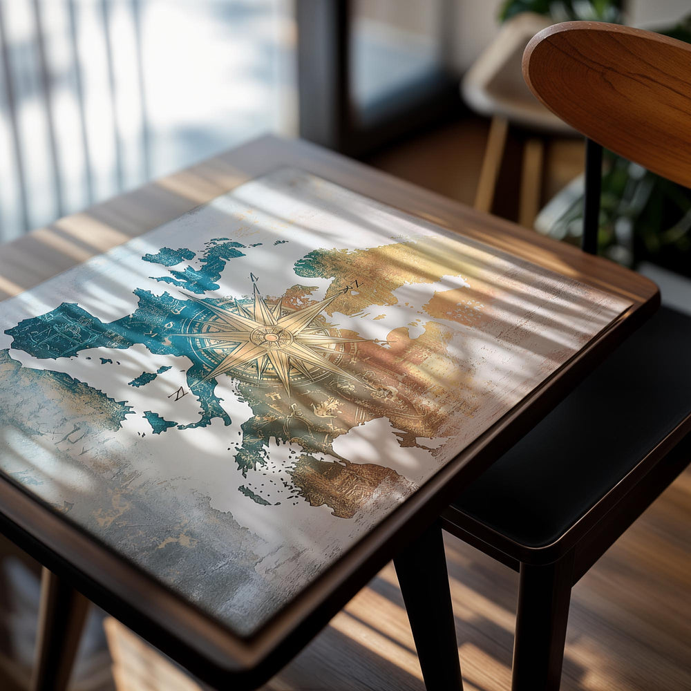 Map of Europe with a compass rose on a textured background, as a premium aluminum metal print from GoMetalPrint.
