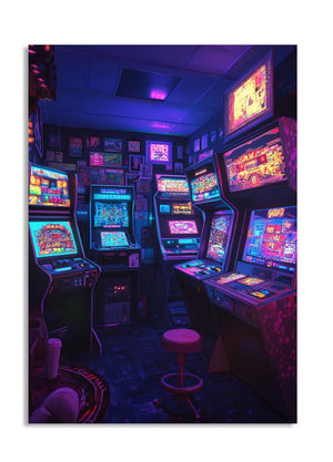 Neon-lit arcade room with vintage slot machines, as a premium aluminum metal print from GoMetalPrint.
