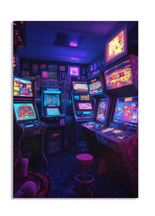 Neon-lit arcade room with vintage slot machines, as a premium aluminum metal print from GoMetalPrint.
