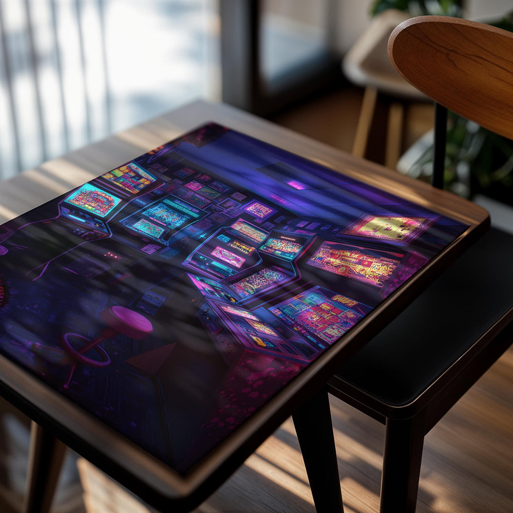 Neon-lit arcade room with vintage slot machines, as a premium aluminum metal print from GoMetalPrint.
