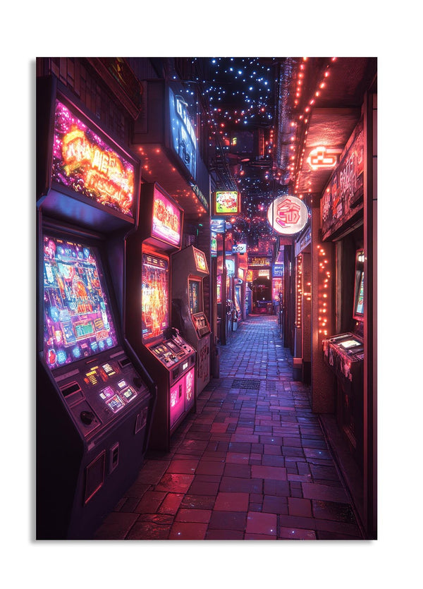 Neon-lit arcade alleyway with vintage video game machines, as a premium aluminum metal print from GoMetalPrint.
