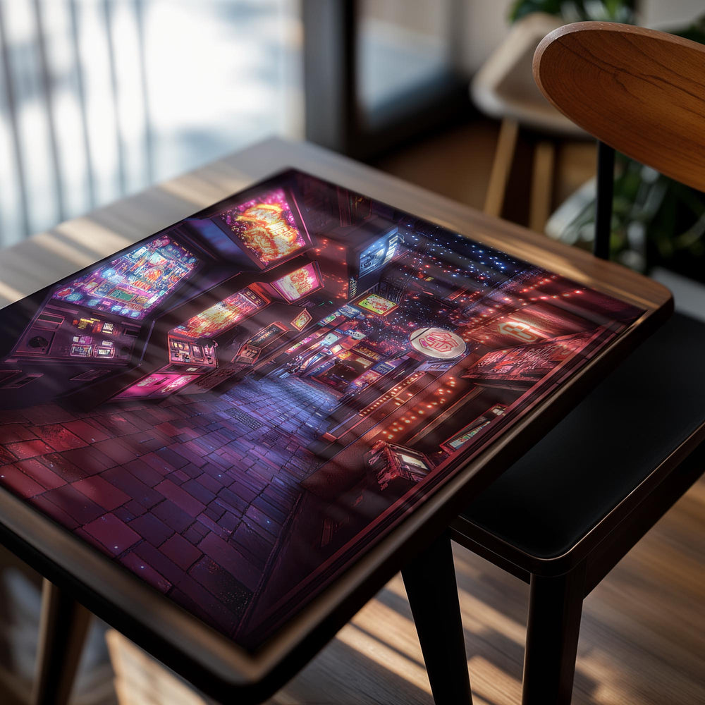 Neon-lit arcade alleyway with vintage video game machines, as a premium aluminum metal print from GoMetalPrint.
