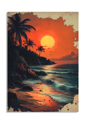 Vintage-style sunset over a tropical beach with palm trees, as a premium aluminum metal print from GoMetalPrint.
