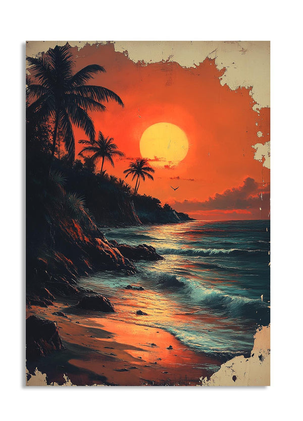 Vintage-style sunset over a tropical beach with palm trees, as a premium aluminum metal print from GoMetalPrint.
