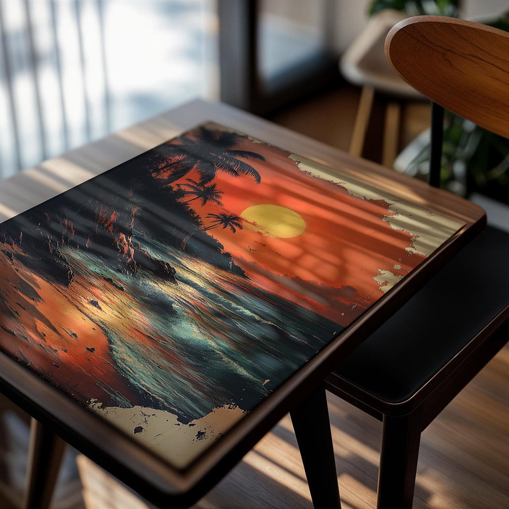 Vintage-style sunset over a tropical beach with palm trees, as a premium aluminum metal print from GoMetalPrint.
