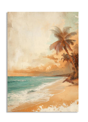 Tropical beach scene with palm trees and sunset, as a premium aluminum metal print from GoMetalPrint.
