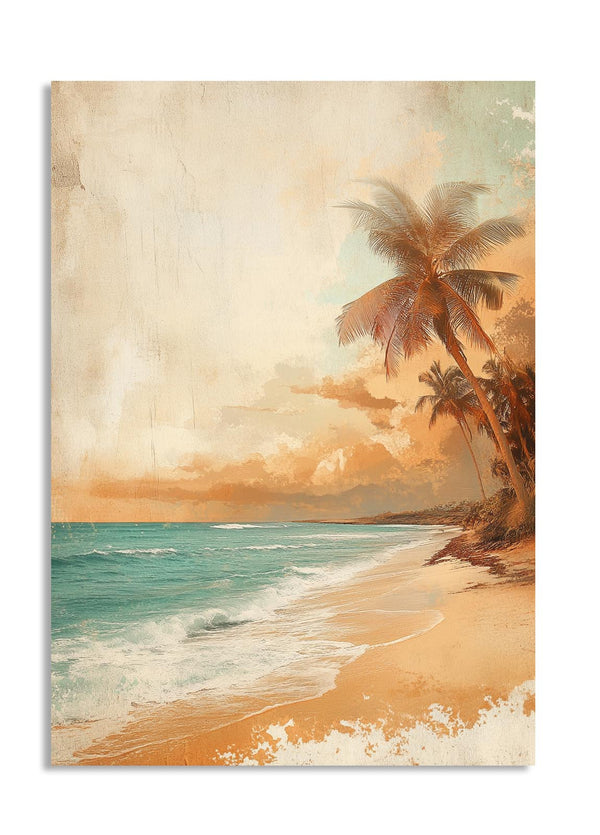 Tropical beach scene with palm trees and sunset, as a premium aluminum metal print from GoMetalPrint.
