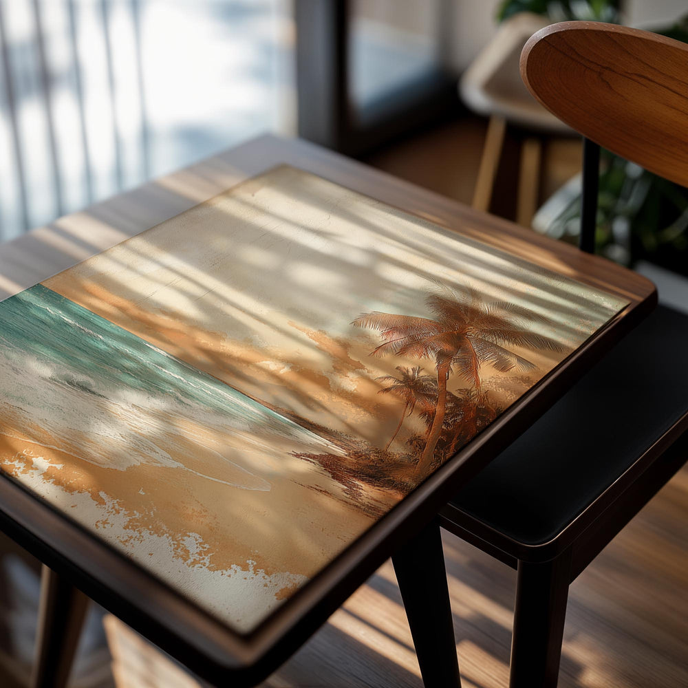 Tropical beach scene with palm trees and sunset, as a premium aluminum metal print from GoMetalPrint.
