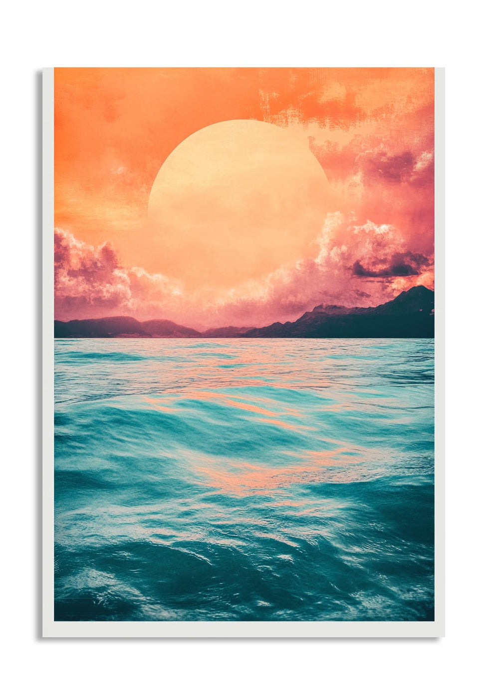 Surreal landscape with a large orange sun over water and mountains, as a premium aluminum metal print from GoMetalPrint.
