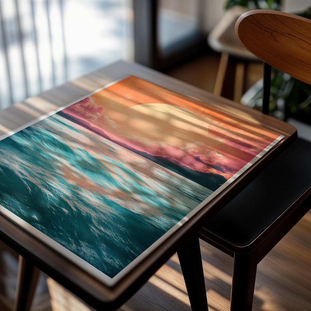 Surreal landscape with a large orange sun over water and mountains, as a premium aluminum metal print from GoMetalPrint.
