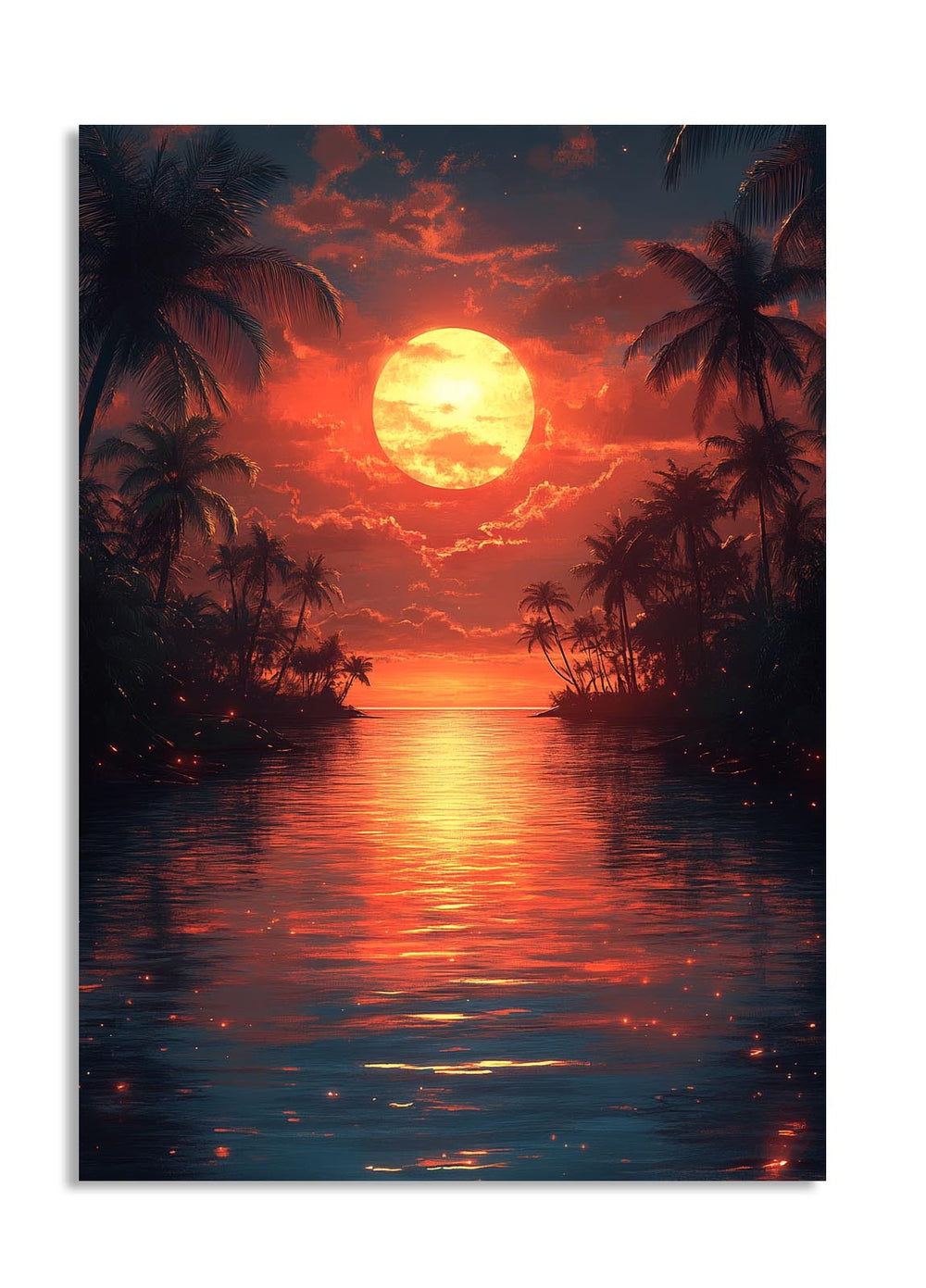 Surreal sunset over a tropical landscape with palm trees and reflective water, as a premium aluminum metal print from GoMetalPrint.
