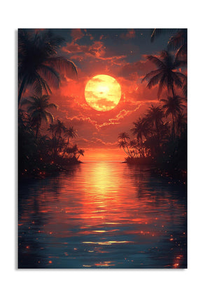 Surreal sunset over a tropical landscape with palm trees and reflective water, as a premium aluminum metal print from GoMetalPrint.
