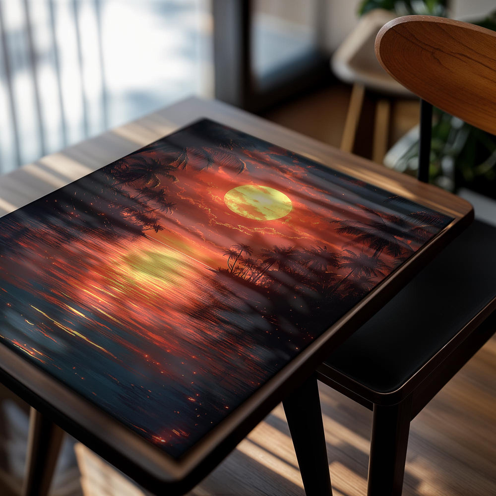 Surreal sunset over a tropical landscape with palm trees and reflective water, as a premium aluminum metal print from GoMetalPrint.
