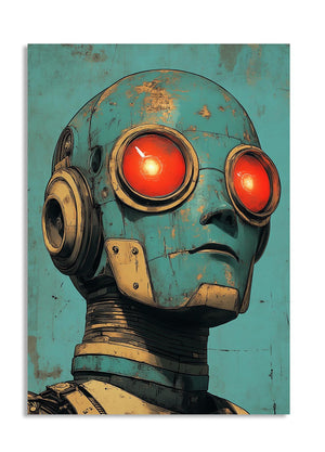 Vintage-style robot with red eyes on a teal background, as a premium aluminum metal print from GoMetalPrint.
