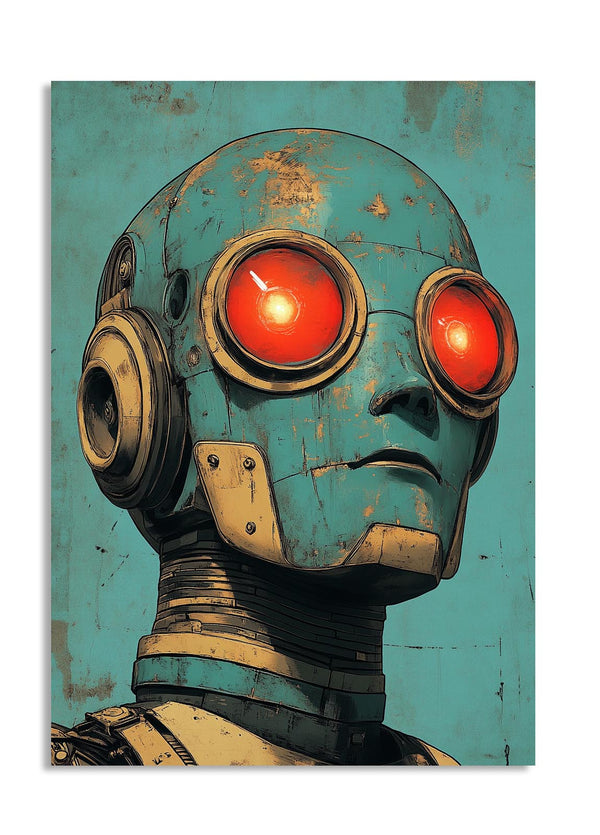 Vintage-style robot with red eyes on a teal background, as a premium aluminum metal print from GoMetalPrint.

