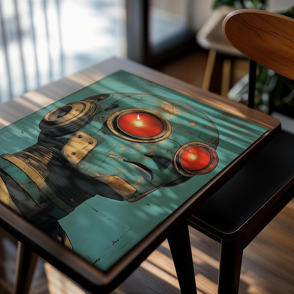 Vintage-style robot with red eyes on a teal background, as a premium aluminum metal print from GoMetalPrint.
