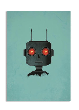 Robot illustration with red eyes on a teal background, as a premium aluminum metal print from GoMetalPrint.
